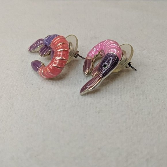 MJ Signed RARE VINTAGE Pink Shrimp Earrings Enamel Studs Purple EXCELLENT COND! - Picture 4 of 9